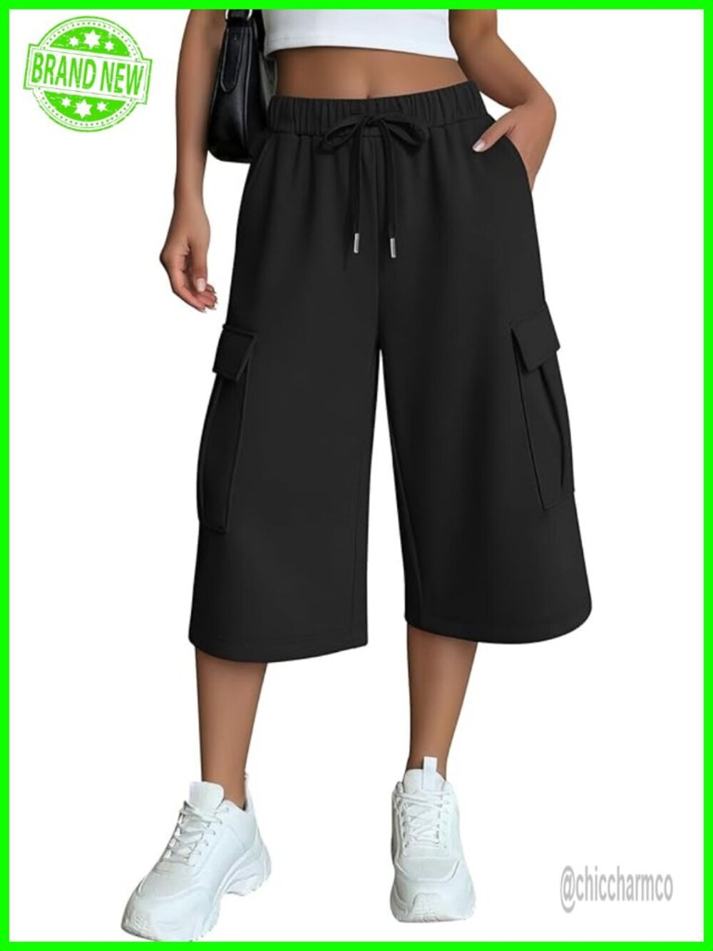 Wide Leg Cargo Capri Pants Drawstring Jogger 4 Pockets Casual Cropped